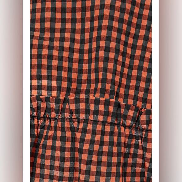 Ganni Ruffled Seersucker Button Neck Open Back Blouse Top Flame Check Women’s 32 - Picture 3 of 9